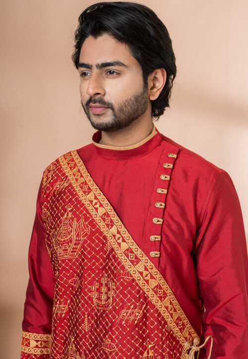 Embroidered Viscose Silk Angrakha Kurta Set in Red
