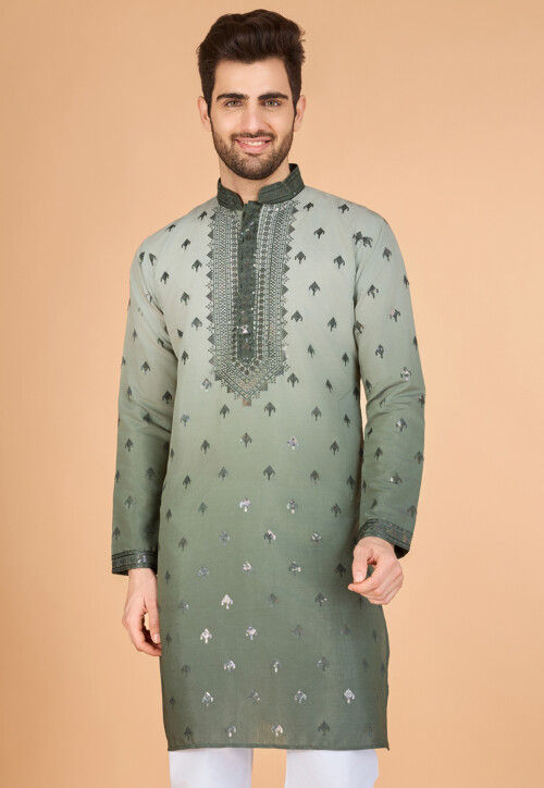 Embroidered Viscose Silk Kurta in Dusty Green Ombre