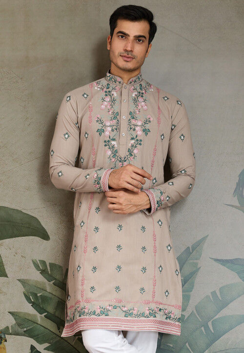 Embroidered Viscose Silk Kurta in Light Beige