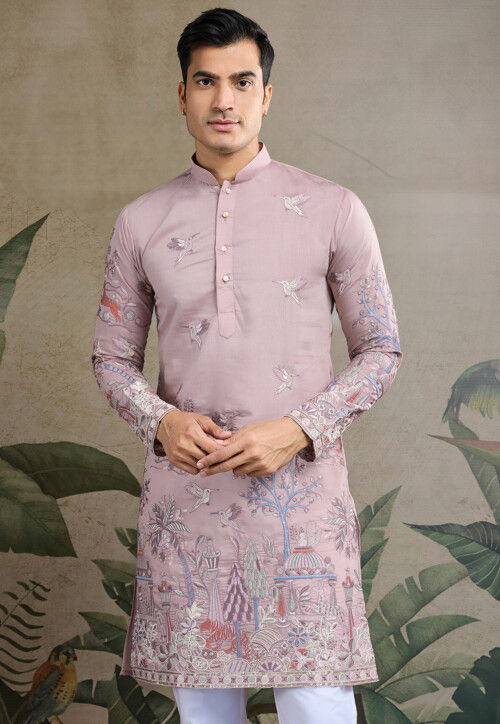 Embroidered Viscose Silk Kurta in Light Purple