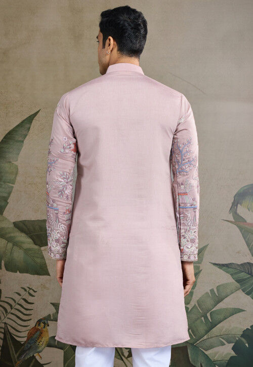 Embroidered Viscose Silk Kurta in Light Purple
