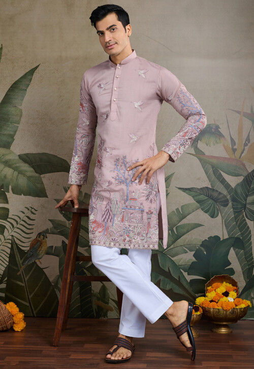 Embroidered Viscose Silk Kurta in Light Purple