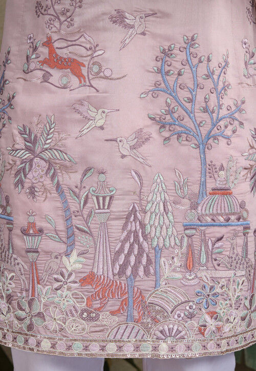 Embroidered Viscose Silk Kurta in Light Purple