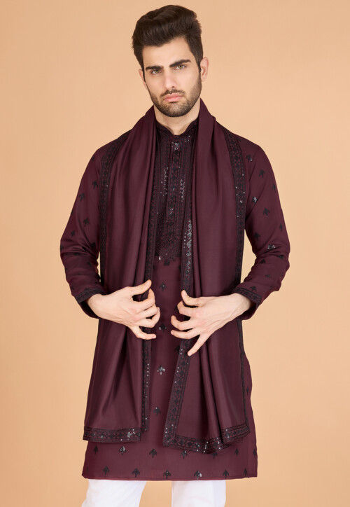 Embroidered Viscose Silk Kurta in Maroon