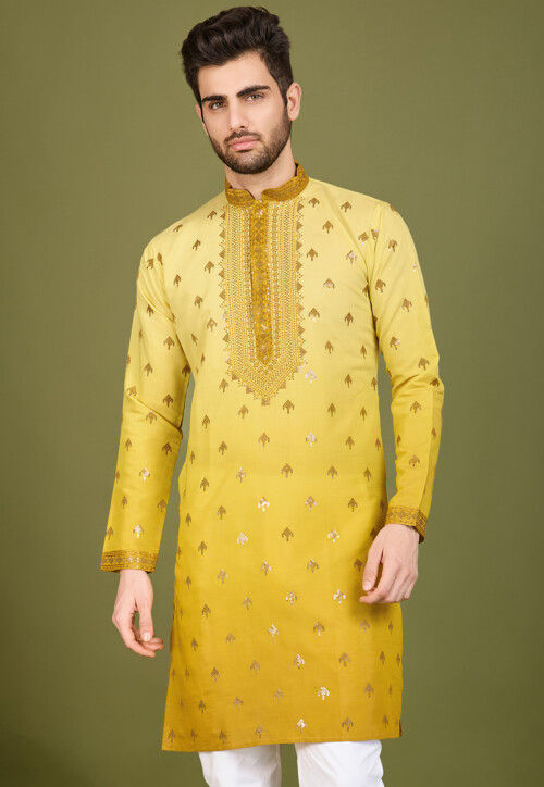 Embroidered Viscose Silk Kurta in Yellow Ombre