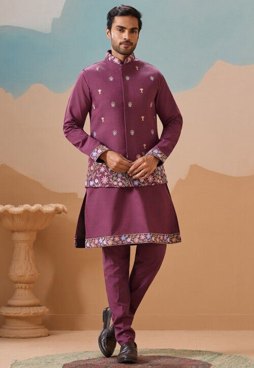 Embroidered Viscose Silk Kurta Set in Dusty Purple