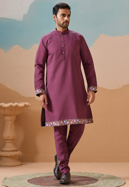 Embroidered Viscose Silk Kurta Set in Dusty Purple