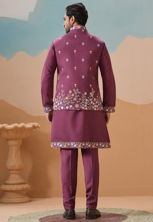Embroidered Viscose Silk Kurta Set in Dusty Purple