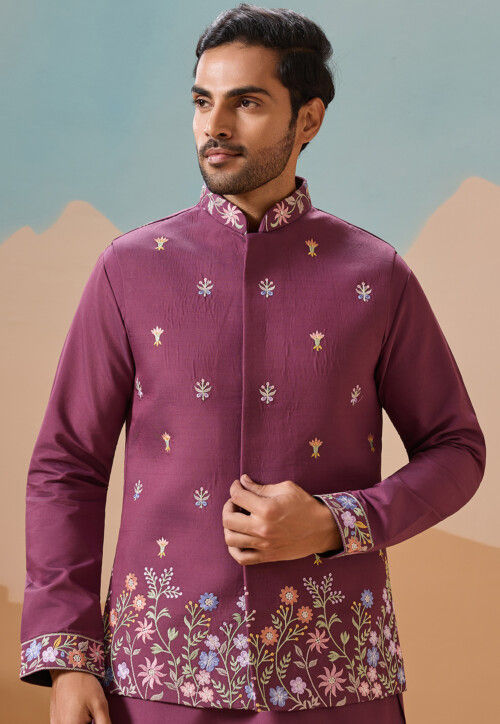 Embroidered Viscose Silk Kurta Set in Dusty Purple