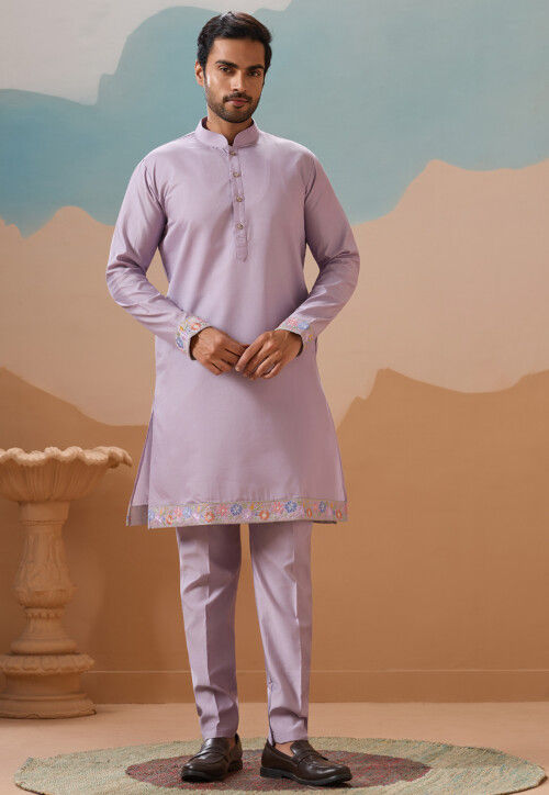 Embroidered Viscose Silk Kurta Set in Light Purple