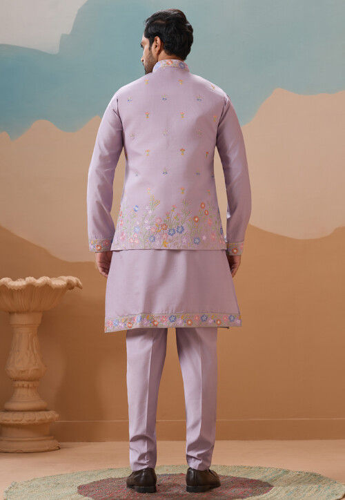 Embroidered Viscose Silk Kurta Set in Light Purple