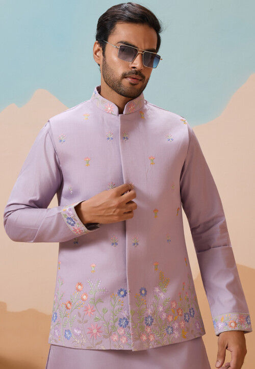 Embroidered Viscose Silk Kurta Set in Light Purple
