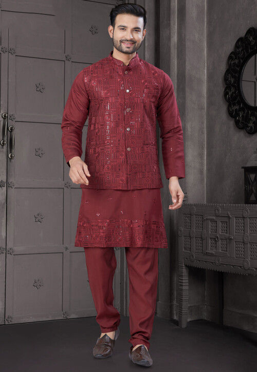 Embroidered Viscose Silk Kurta Set in Maroon