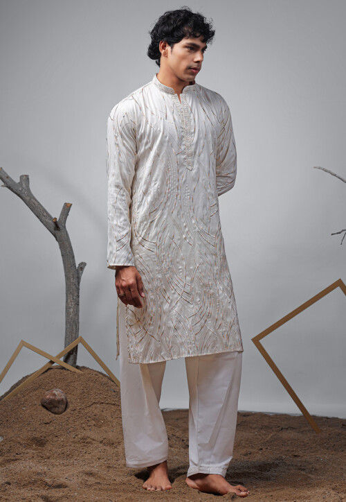 Embroidered Viscose Silk Kurta Set in Off White