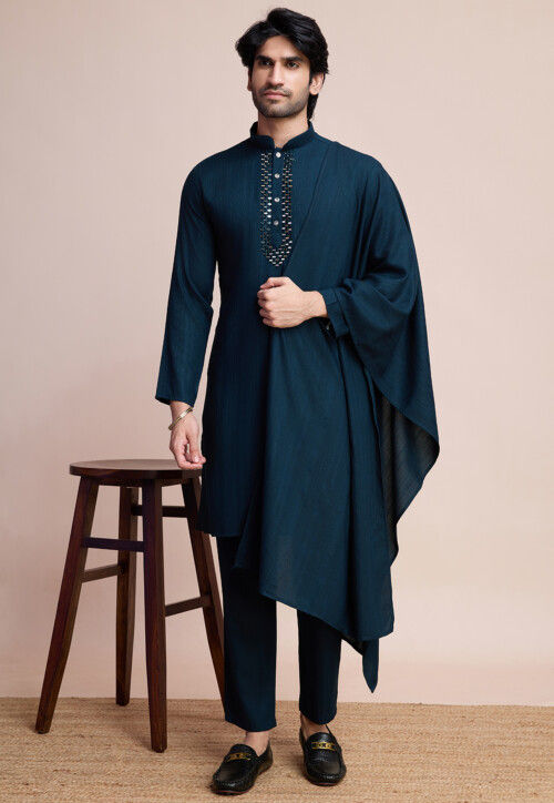 Embroidered Viscose Silk Kurta Set in Teal Blue