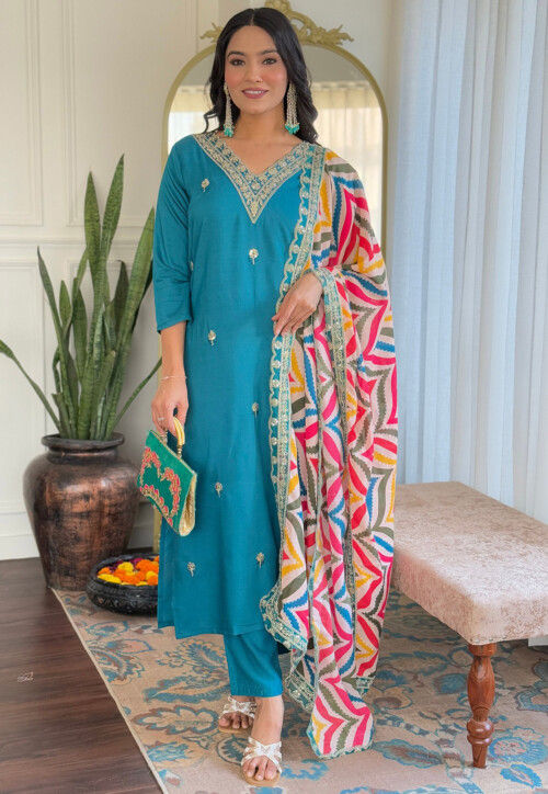 Embroidered Viscose Silk Pakistani Suit in Blue