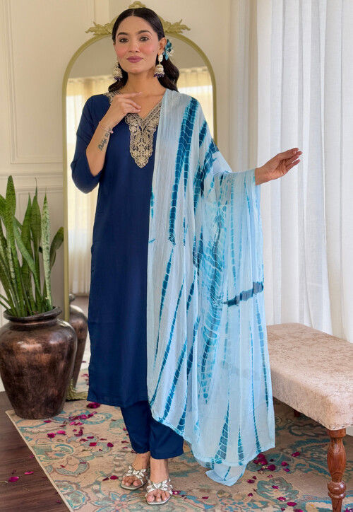 Embroidered Viscose Silk Pakistani Suit in Dark Blue