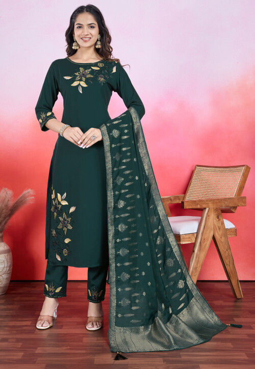 Embroidered Viscose Silk Pakistani Suit in Dark Green