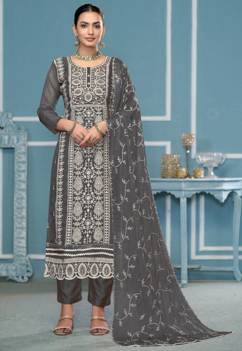 Embroidered Viscose Silk Pakistani Suit in Dark Grey