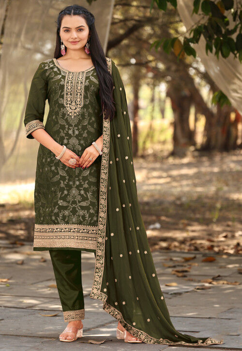 Embroidered Viscose Silk Pakistani Suit in Dark Olive Green