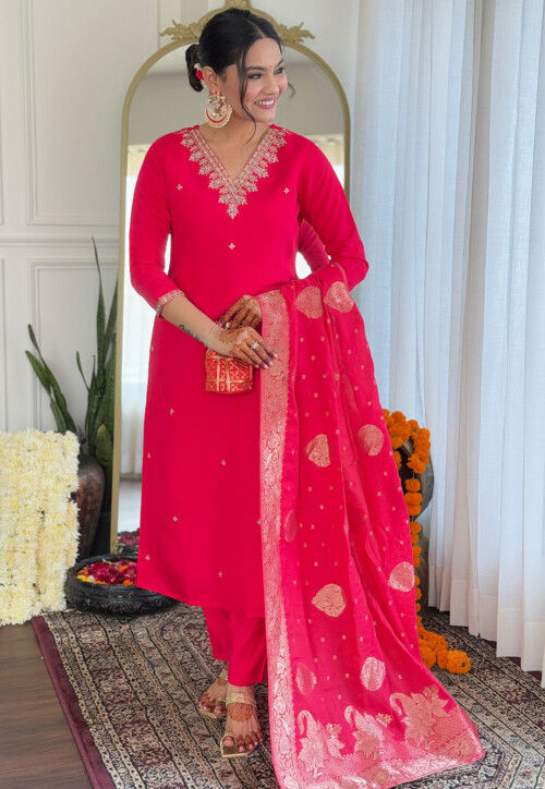 Embroidered Viscose Silk Pakistani Suit in Fuchsia
