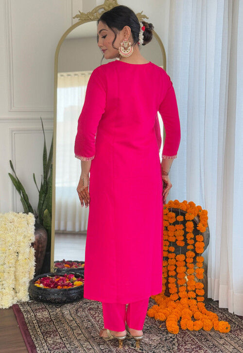 Embroidered Viscose Silk Pakistani Suit in Fuchsia