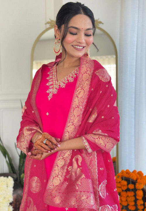 Embroidered Viscose Silk Pakistani Suit in Fuchsia
