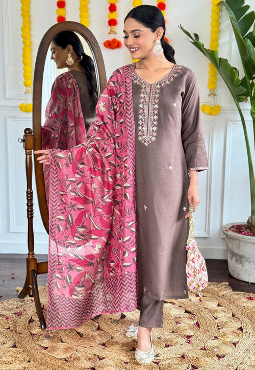 Embroidered Viscose Silk Pakistani Suit in Grey