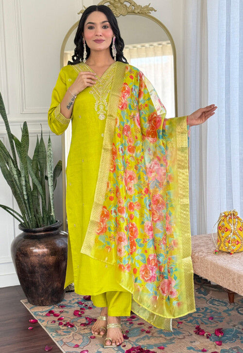 Embroidered Viscose Silk Pakistani Suit in Light Green
