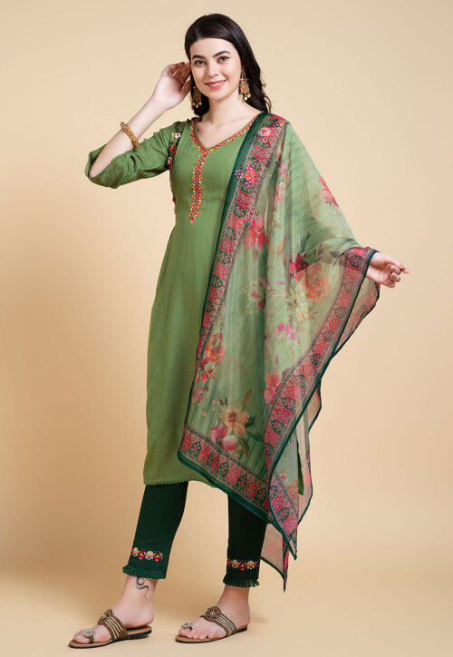 Embroidered Viscose Silk Pakistani Suit in Light Green