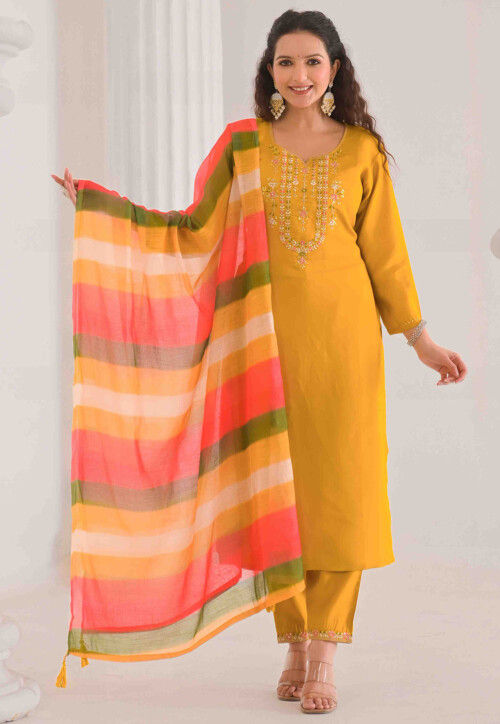Embroidered Viscose Silk Pakistani Suit in Mustard