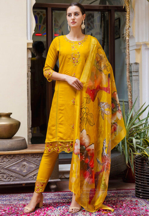 Embroidered Viscose Silk Pakistani Suit in Mustard