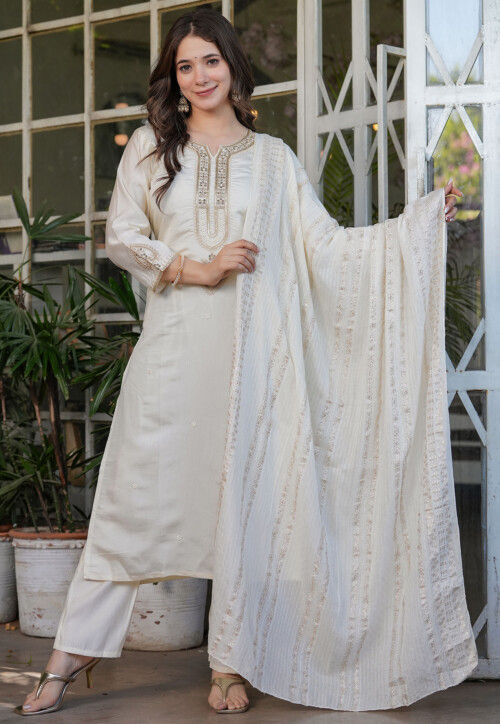 Embroidered Viscose Silk Pakistani Suit in Off White