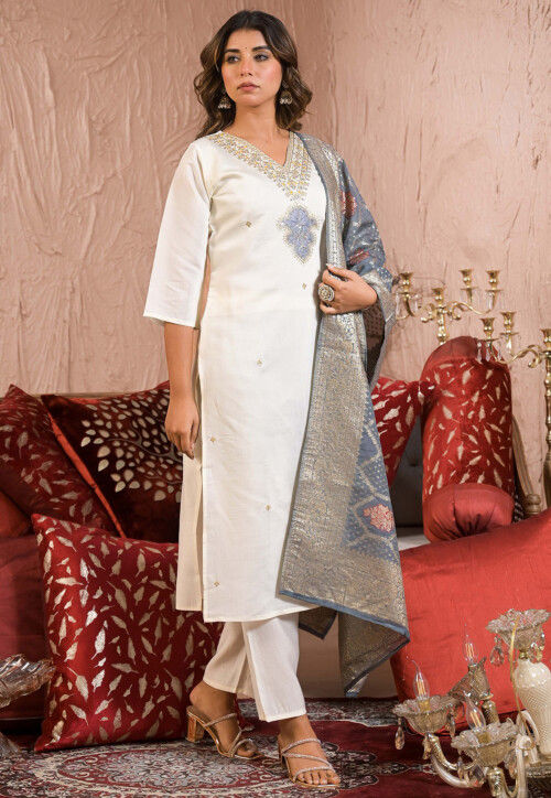 Embroidered Viscose Silk Pakistani Suit in Off White
