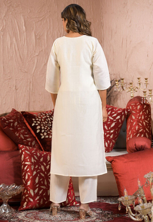 Embroidered Viscose Silk Pakistani Suit in Off White
