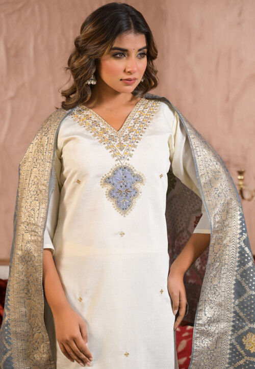 Embroidered Viscose Silk Pakistani Suit in Off White