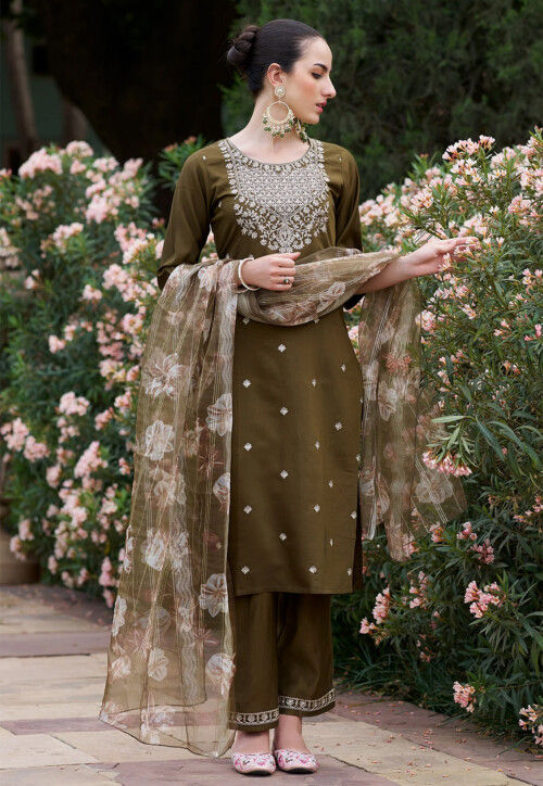 Embroidered Viscose Silk Pakistani Suit in Olive Green