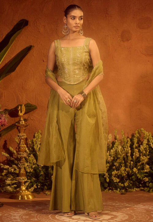 Buy Embroidered Viscose Silk Pakistani Suit in Olive Green Online : KJC7035  - Utsav Fashion