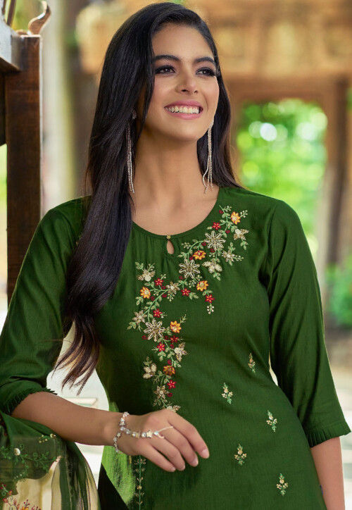 Buy Embroidered Viscose Silk Pakistani Suit in Olive Green Online ...