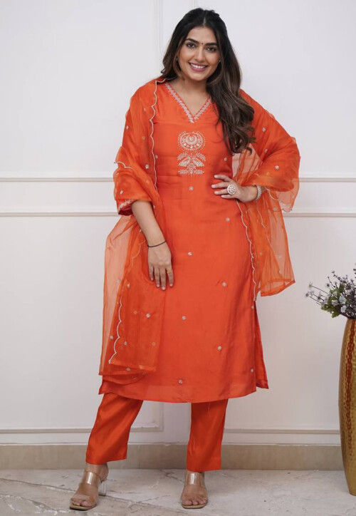 Embroidered Viscose Silk Pakistani Suit in Orange