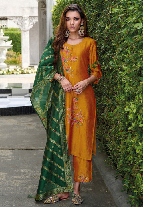 Embroidered Viscose Silk Pakistani Suit in Orange
