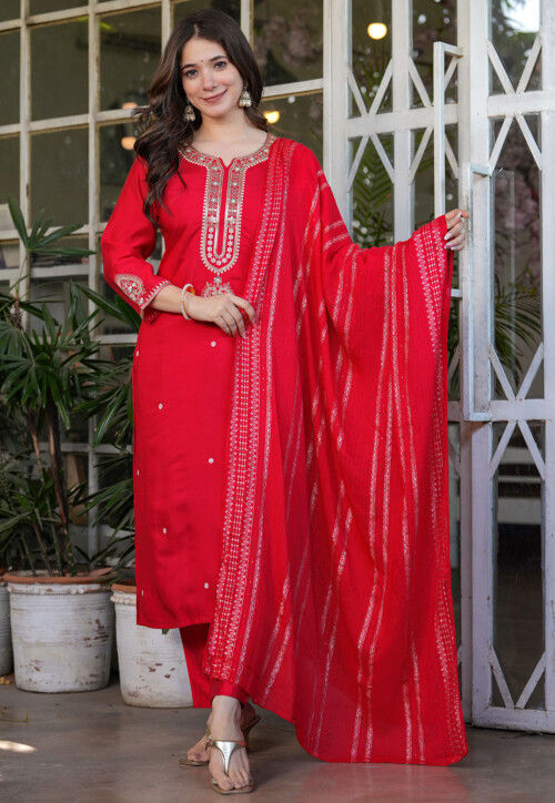 Embroidered Viscose Silk Pakistani Suit in Red