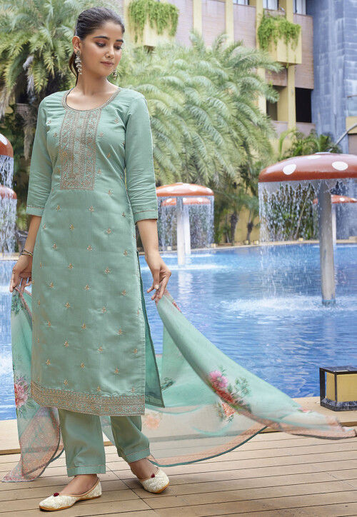 Embroidered Viscose Silk Pakistani Suit in Sea Green