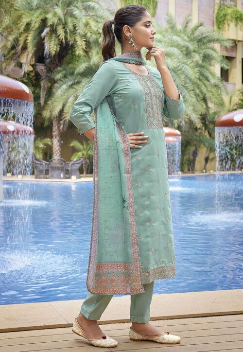Embroidered Viscose Silk Pakistani Suit in Sea Green
