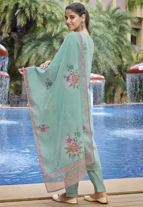 Embroidered Viscose Silk Pakistani Suit in Sea Green