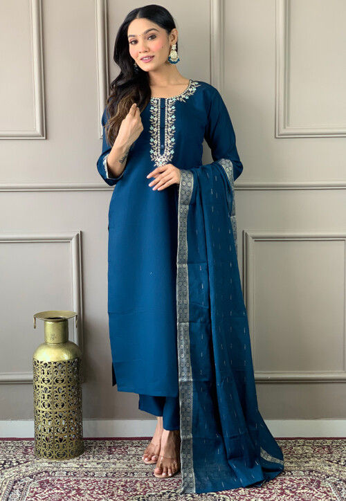 Buy Embroidered Viscose Silk Pakistani Suit in Teal Blue Online : KJC4509 -  Utsav Fashion