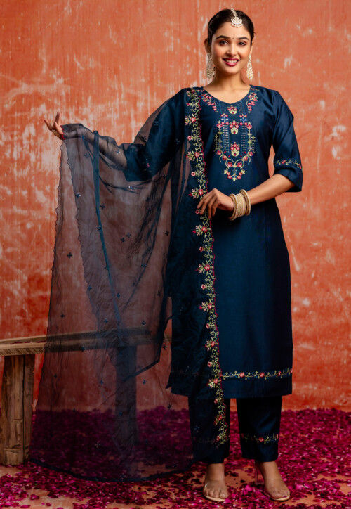 Embroidered Viscose Silk Pakistani Suit in Teal Blue