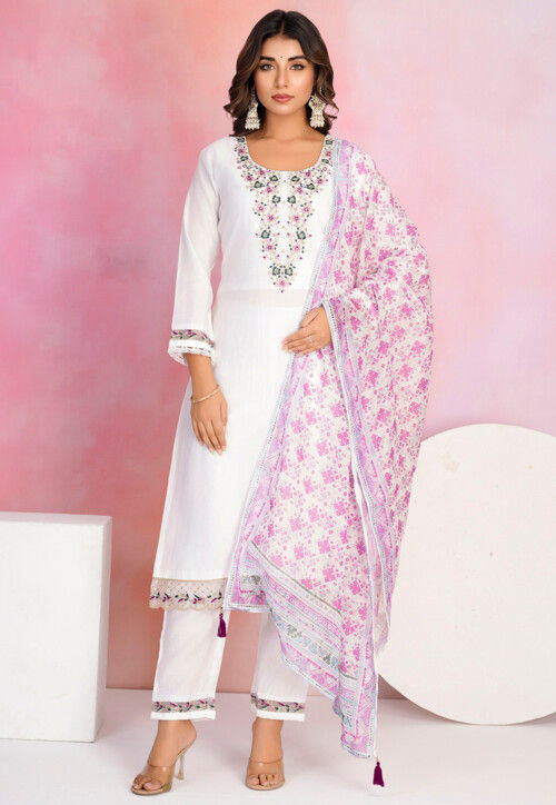 Embroidered Viscose Silk Pakistani Suit in White