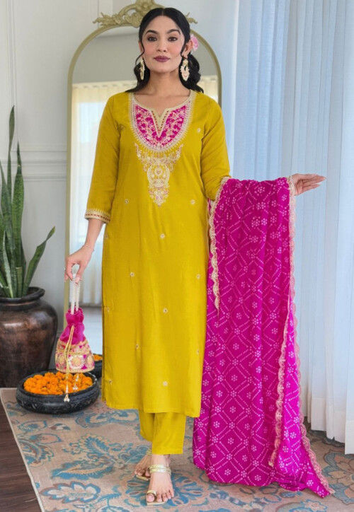 Embroidered Viscose Silk Pakistani Suit in Yellow