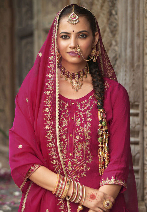 Buy Embroidered Viscose Silk Punjabi Suit in Magenta Online : KRD939 ...